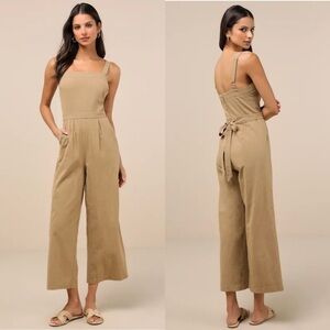 NWOT Lulus Lucky For Me Beige Cotton Sleeveless Cropped Jumpsuit